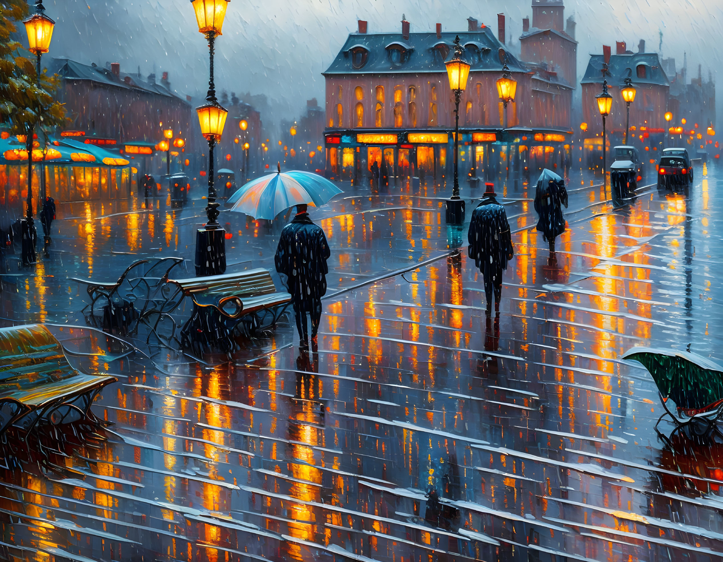 Urban Rainy City Scene with Wet Pavements and Umbrellas