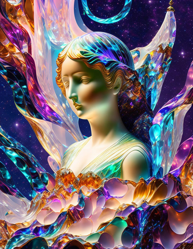 Colorful digital artwork: classical statue bust with iridescent colors and abstract crystal formations.