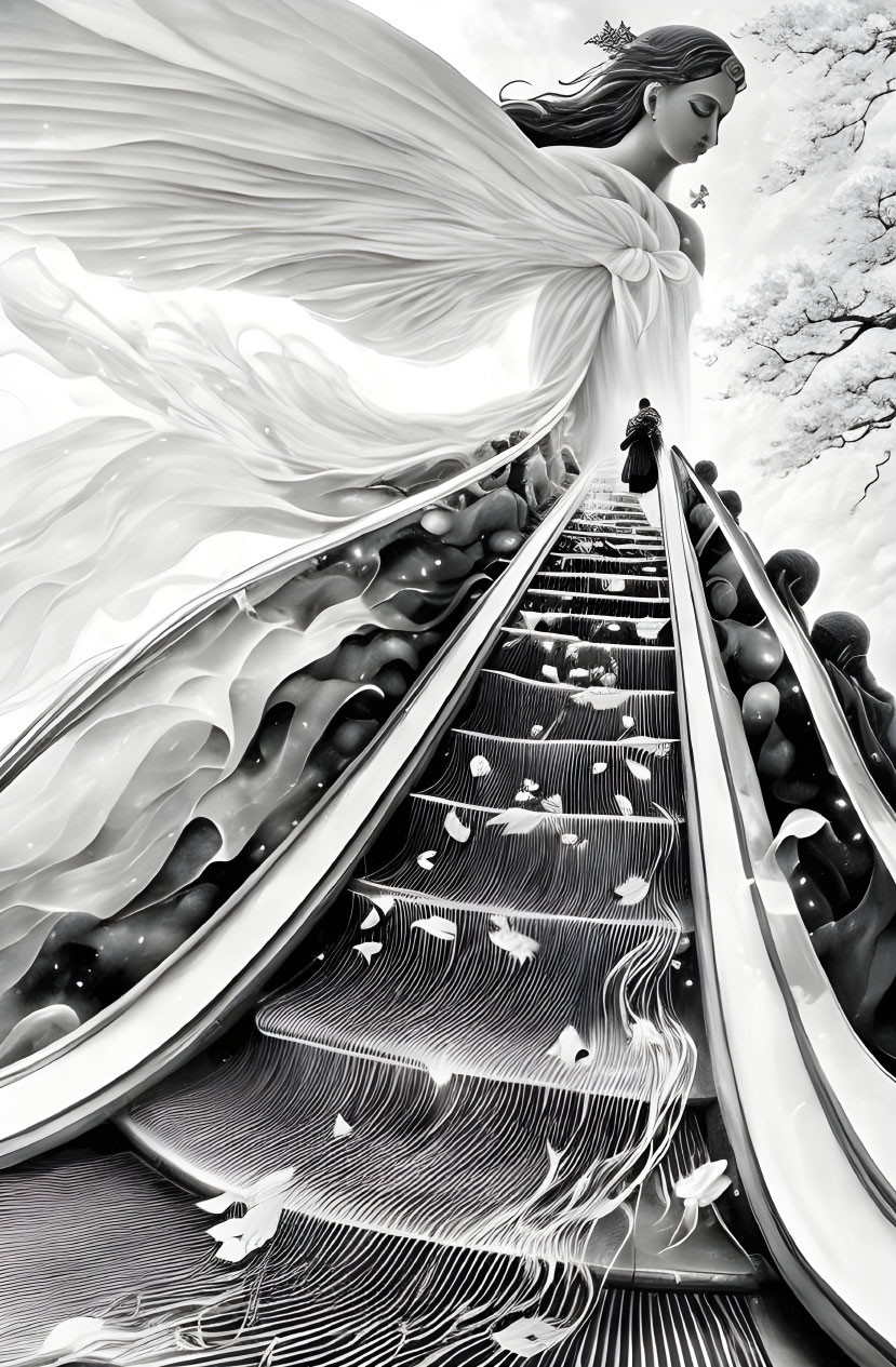 Surreal monochromatic image: Woman on escalator with feathers, blossoming trees.