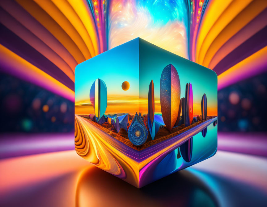 Surreal artwork: floating cube, desert landscape, reflective monoliths