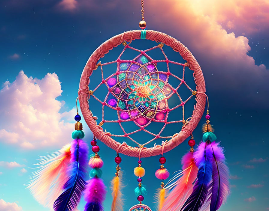 Colorful Dreamcatcher with Beads and Feathers on Cloudy Sky