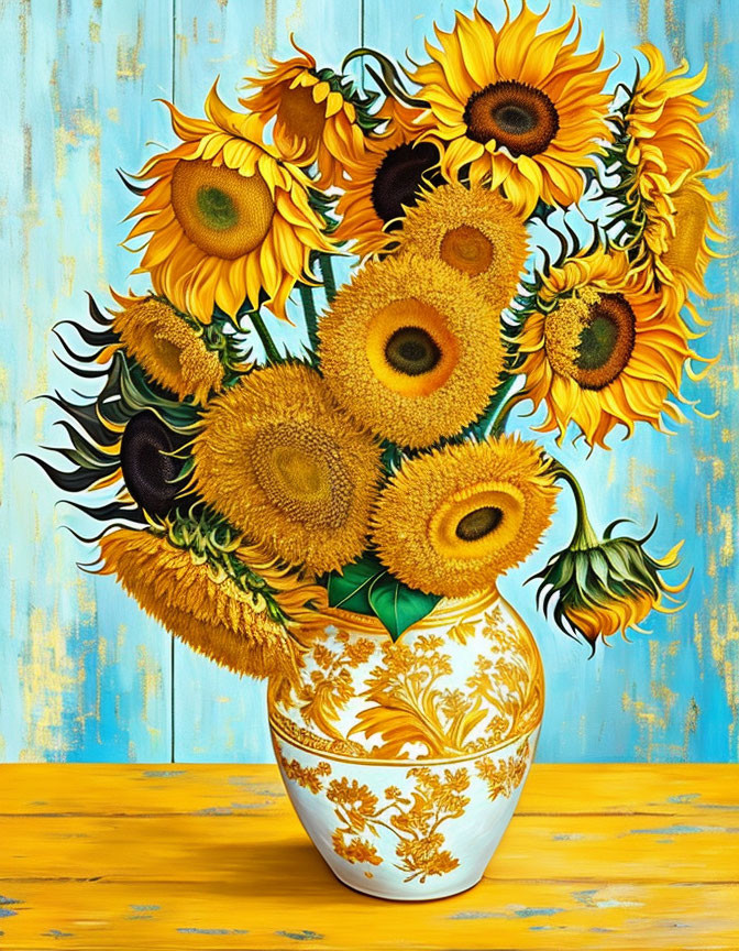 Sunflowers bouquet in white and gold vase on blue wooden backdrop