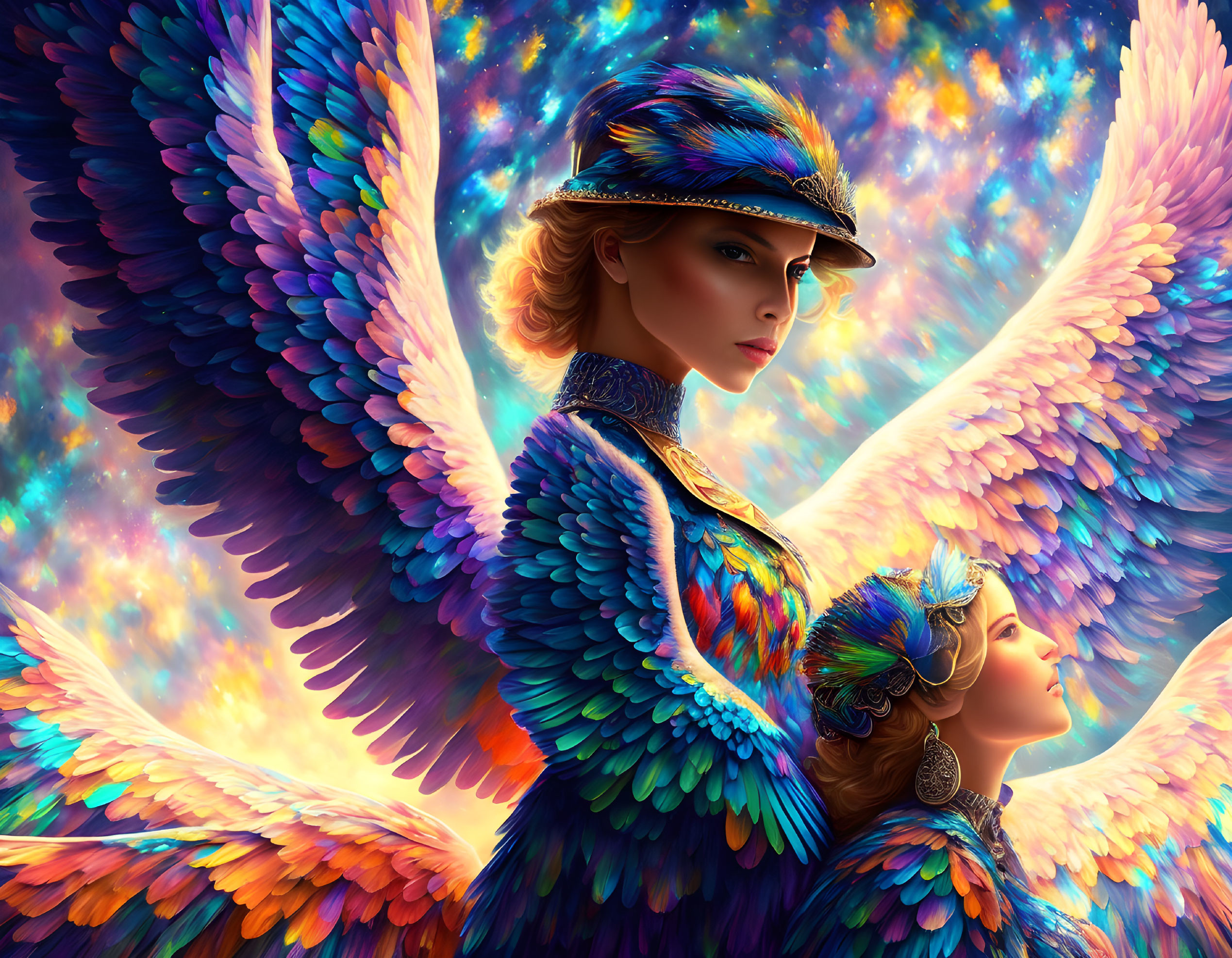 Vibrant feathered wings on two people against cosmic backdrop