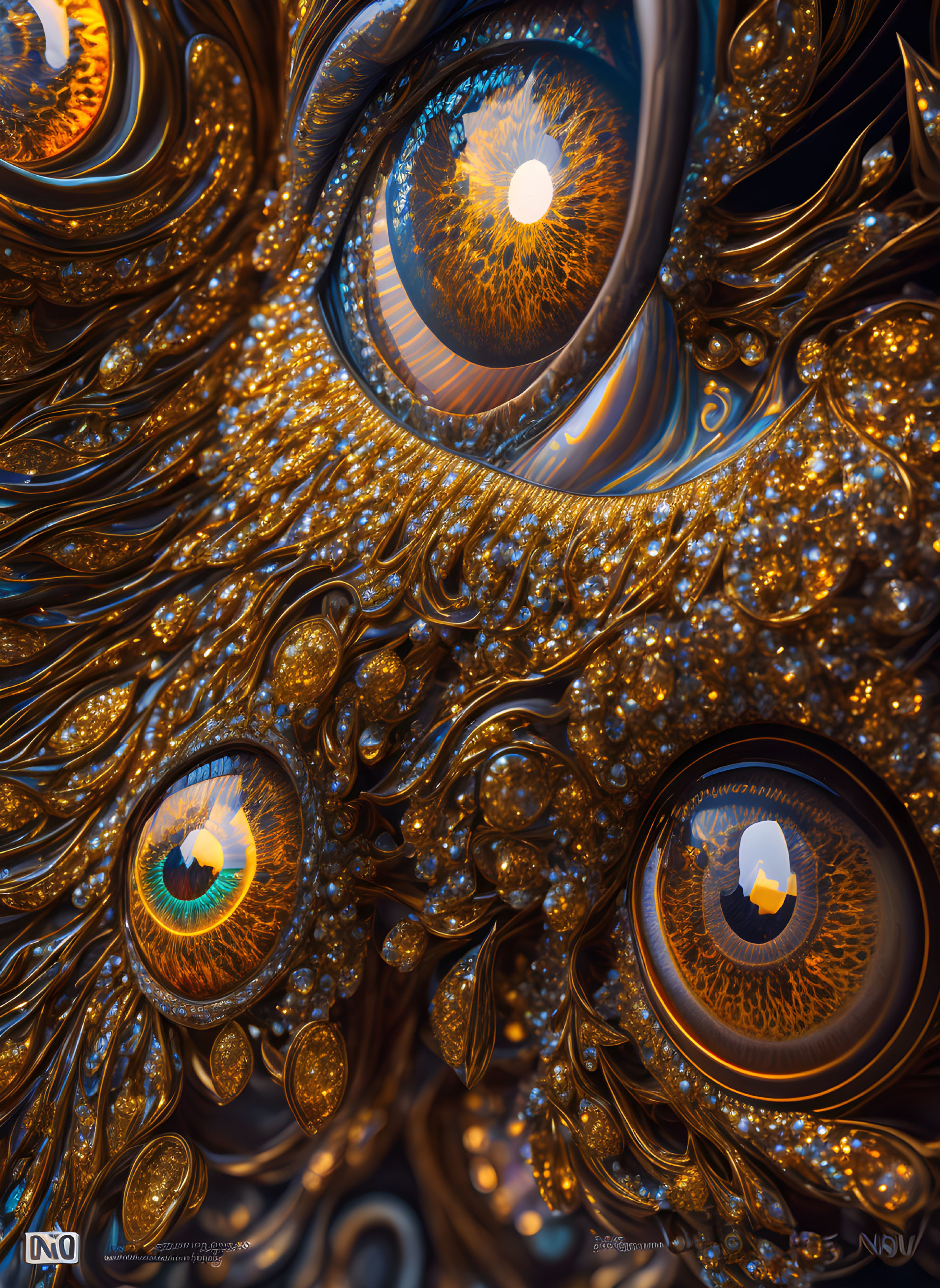 Detailed fractal image with ornate golden patterns and metallic eyes.