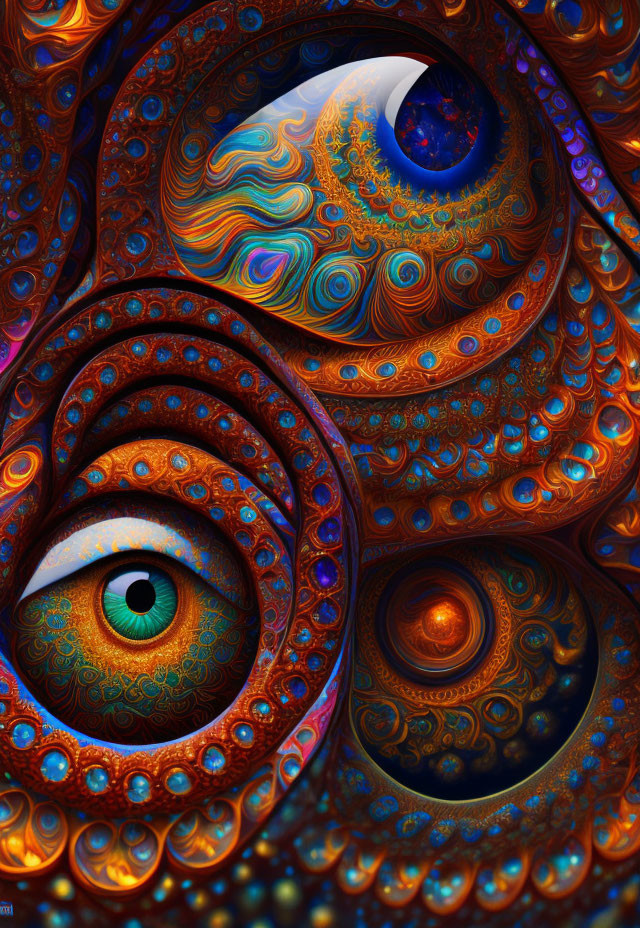 Colorful digital artwork with intricate swirls and eye motifs in blue, green, and orange hues.