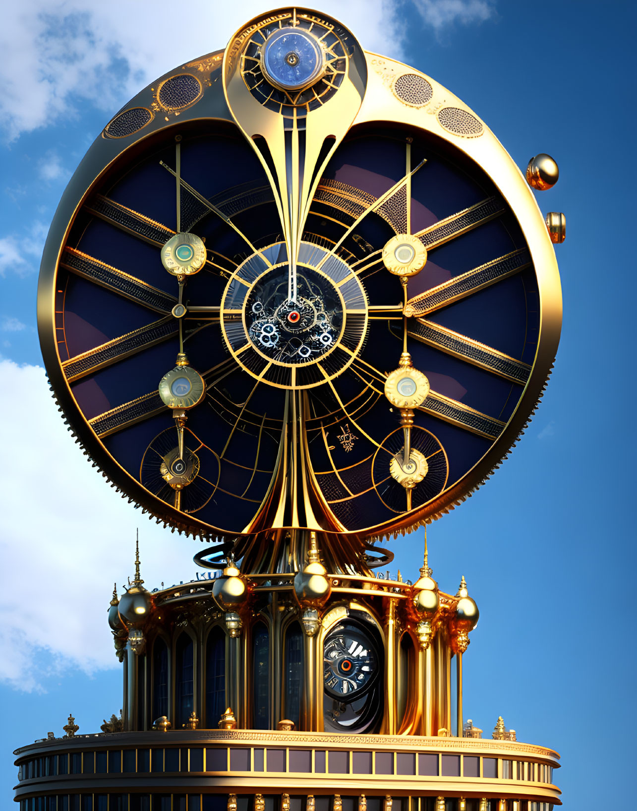 Ornate astronomical clock with golden and blue details against clear blue sky