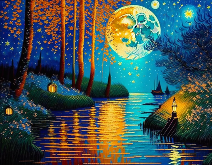 Moonlit night painting: river, sailboats, trees, golden leaves, lit lantern.