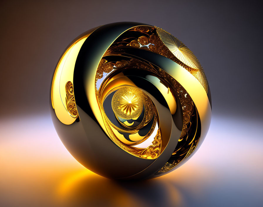 Shiny Golden Sphere with Glowing Elements on Reflective Surface