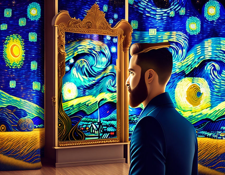 Illustration of bearded man in blue suit with mirror reflection in Van Gogh's "Starry