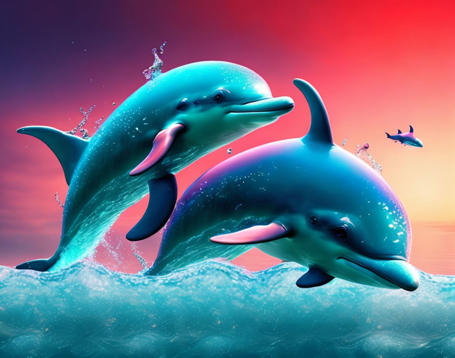 Digitally-rendered dolphins leaping in sunset sky