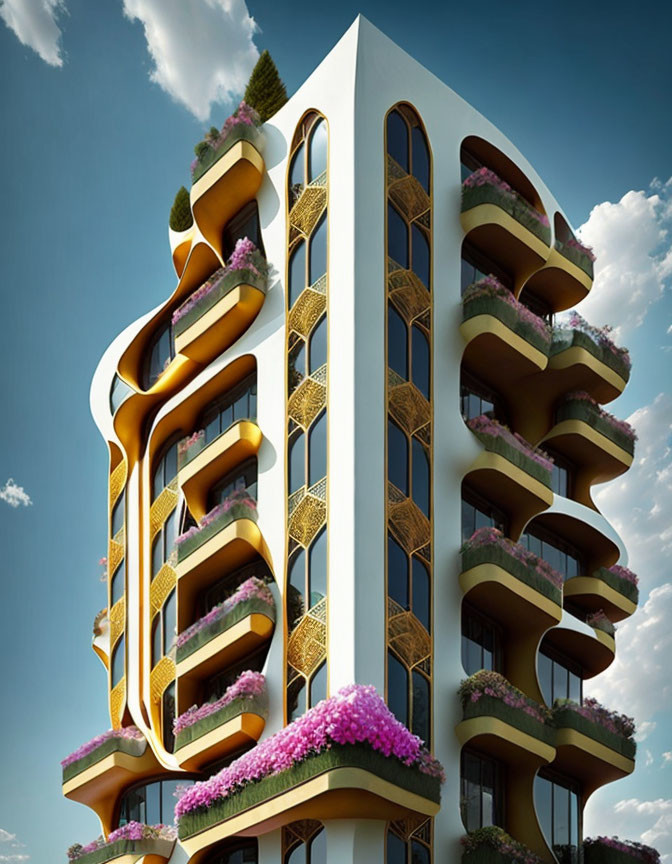 Modern building with gold accents, undulating balconies, greenery, and purple flowers against blue sky