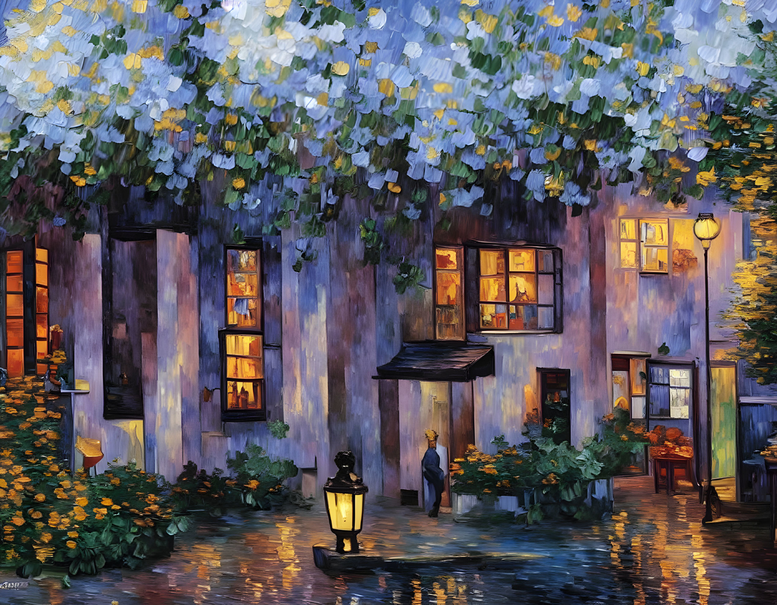 Impressionistic painting of blue building with flowers and streetlight