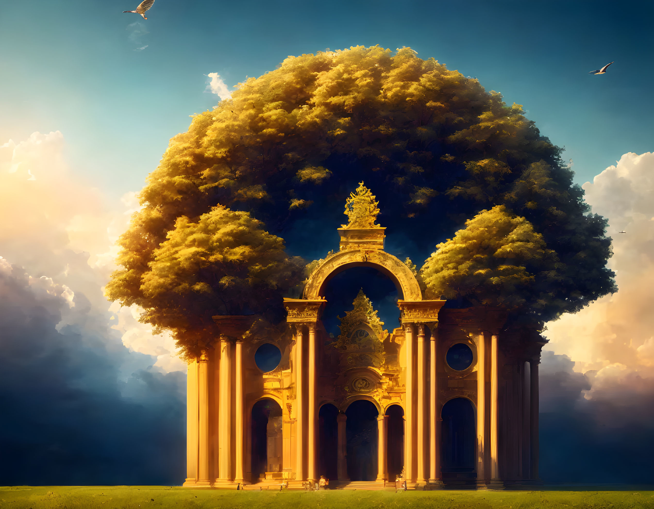 Majestic tree and classical archway in tranquil meadow under dreamy sky