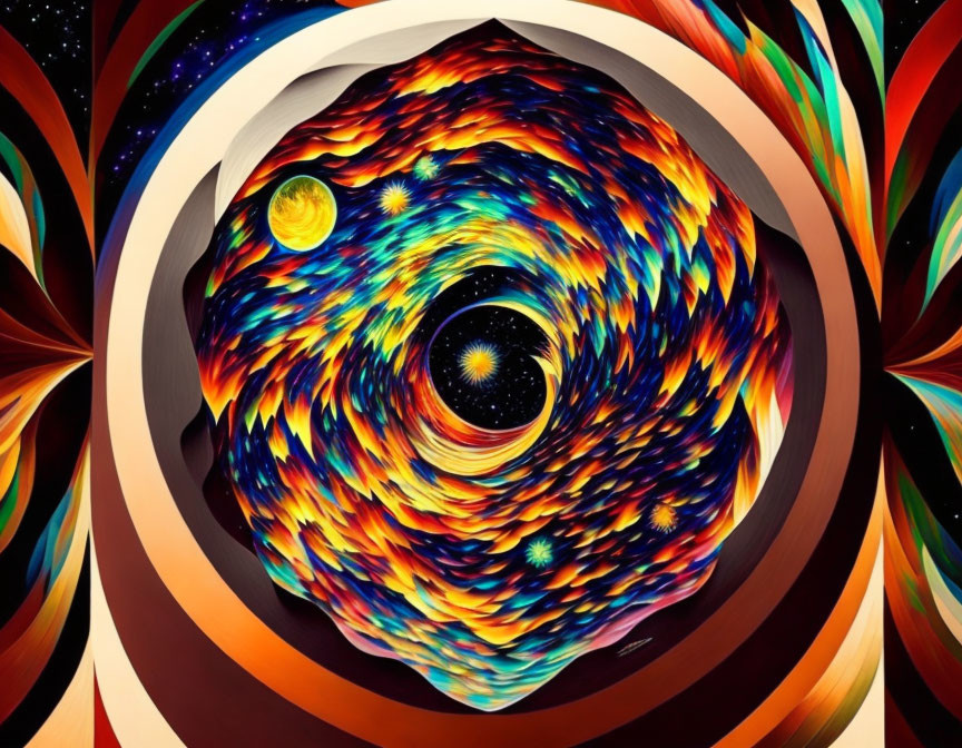 Colorful Abstract Cosmic Scene with Celestial Bodies and Circular Patterns