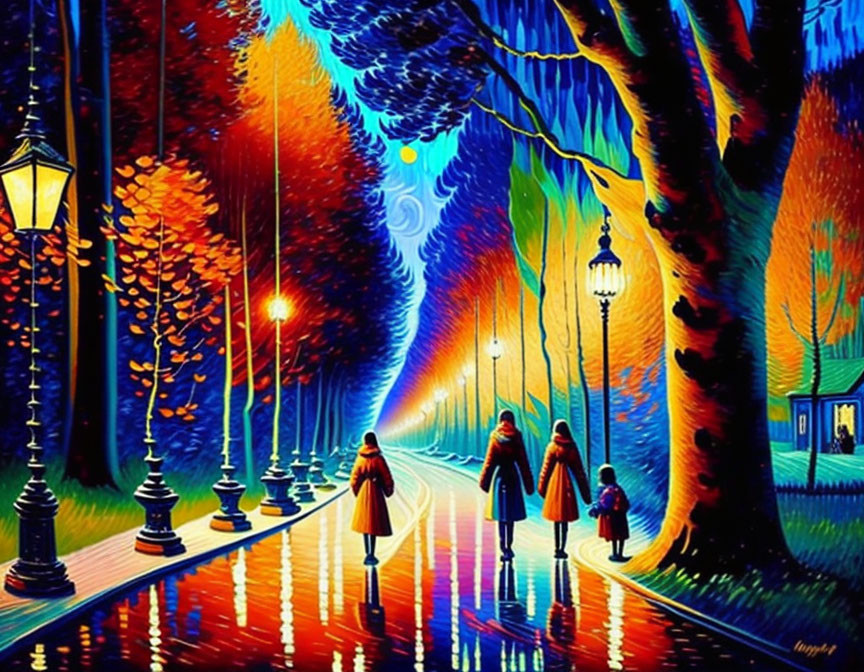 Colorful painting of four people walking down tree-lined path with illuminated street lamps and expressive brushwork.