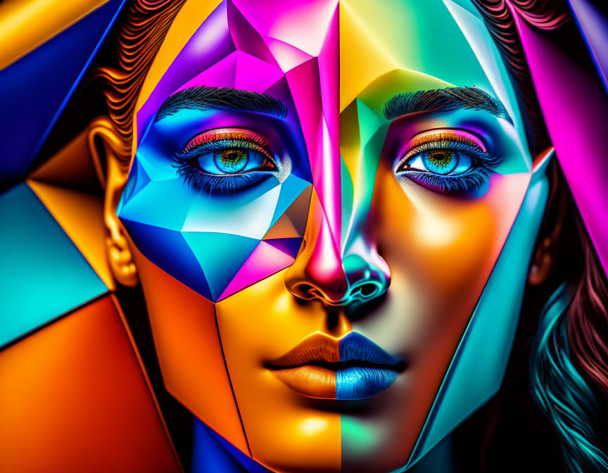 Vibrant split face digital artwork with woman and geometric patterns