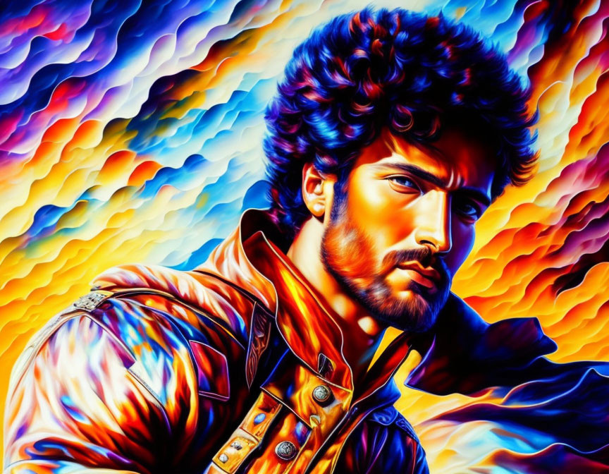 Serious man with curly hair on colorful abstract background