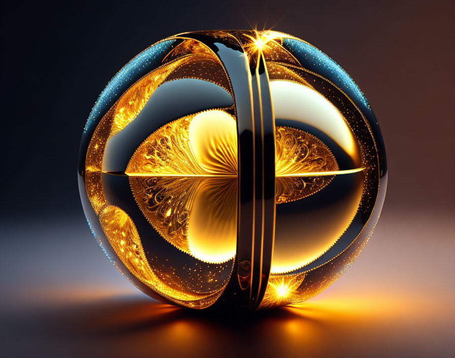 Symmetrical 3D Rendered Ornate Sphere with Gold and Blue Details