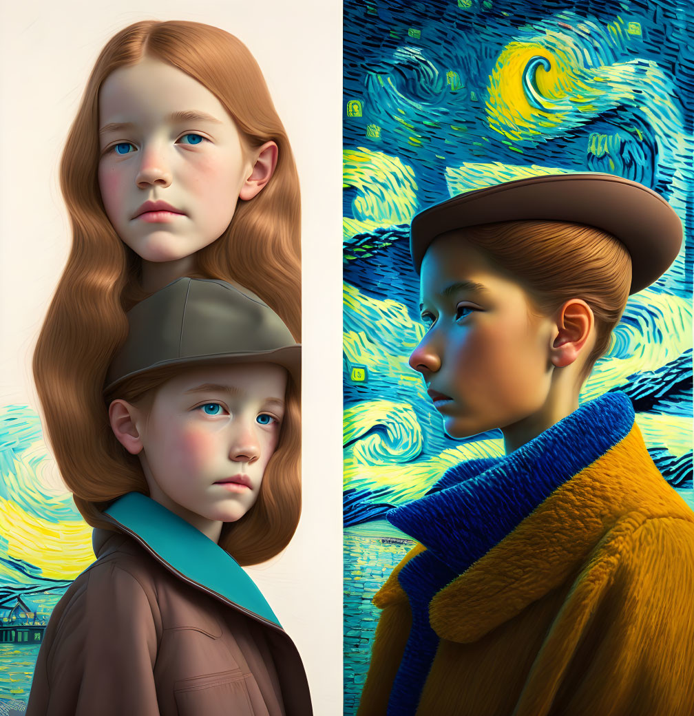 Stylized digital artwork: Two girls with expressive faces, one in a hat, against Van G