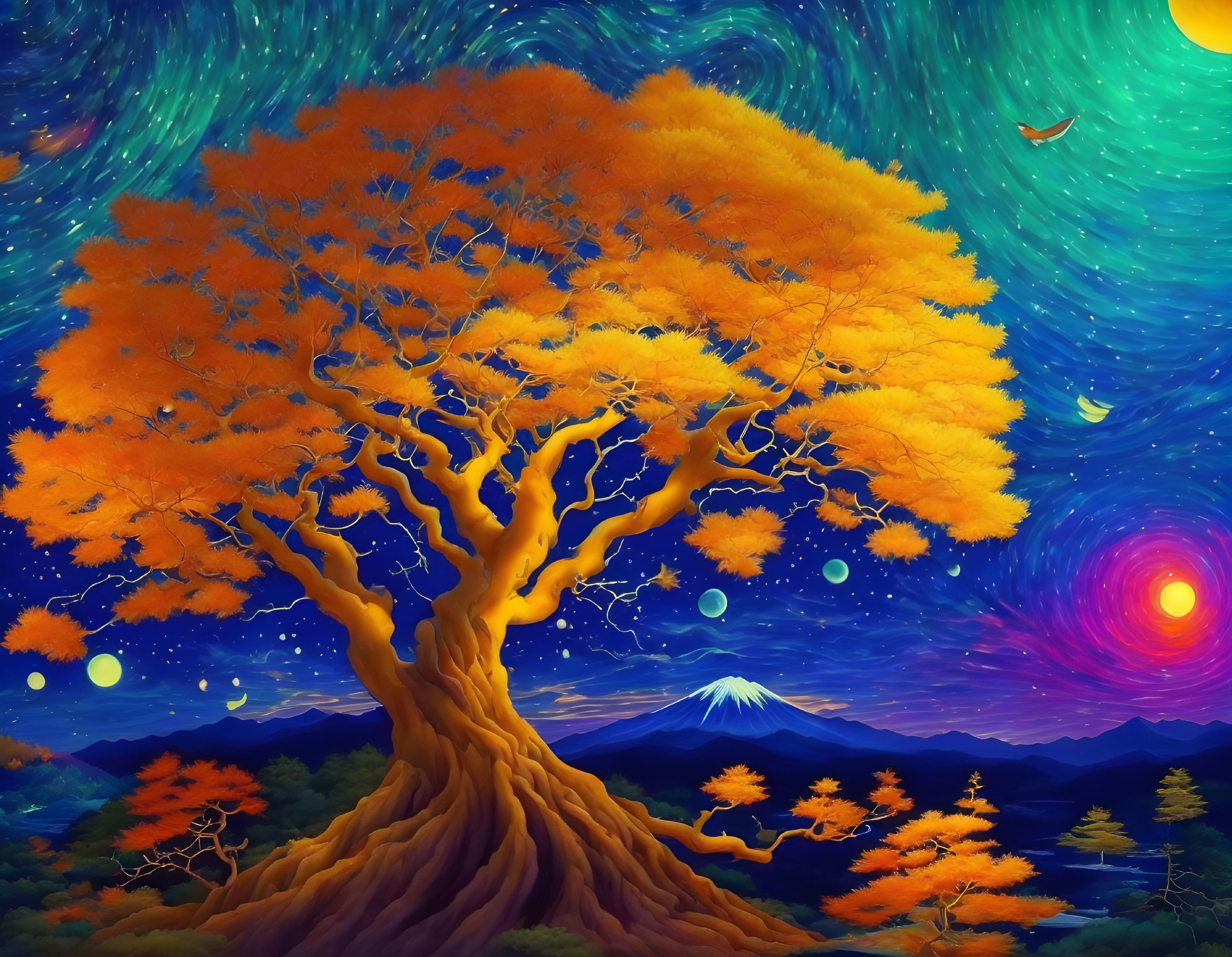 Colorful painting of large orange tree under night sky with crescent moon and shooting stars