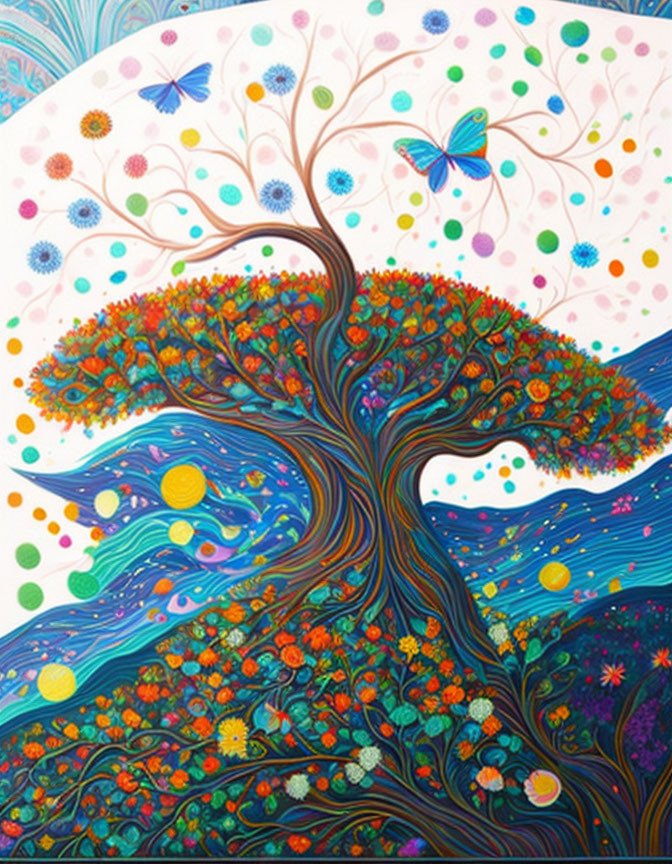 Colorful whimsical tree painting with swirling branches and floating orbs