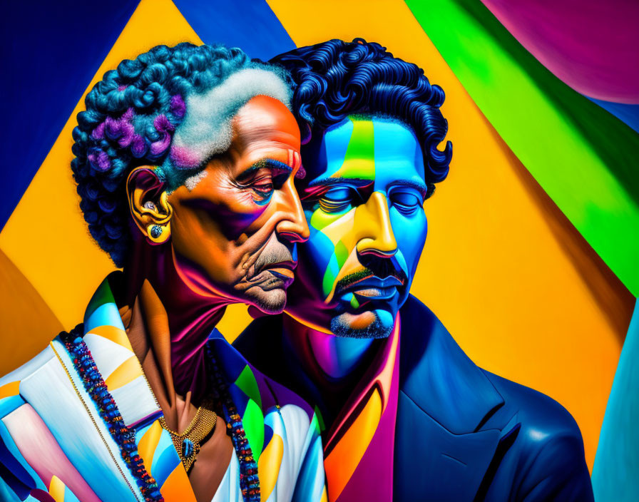 Colorful abstract art style portrait of two men with vibrant hues and detailed facial textures