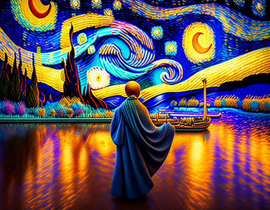 Cloaked figure in front of vibrant starry night painting