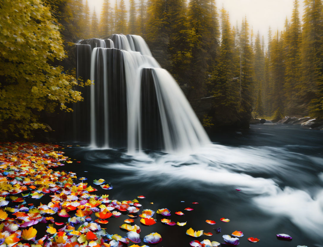 Tranquil waterfall in misty river amid autumn trees