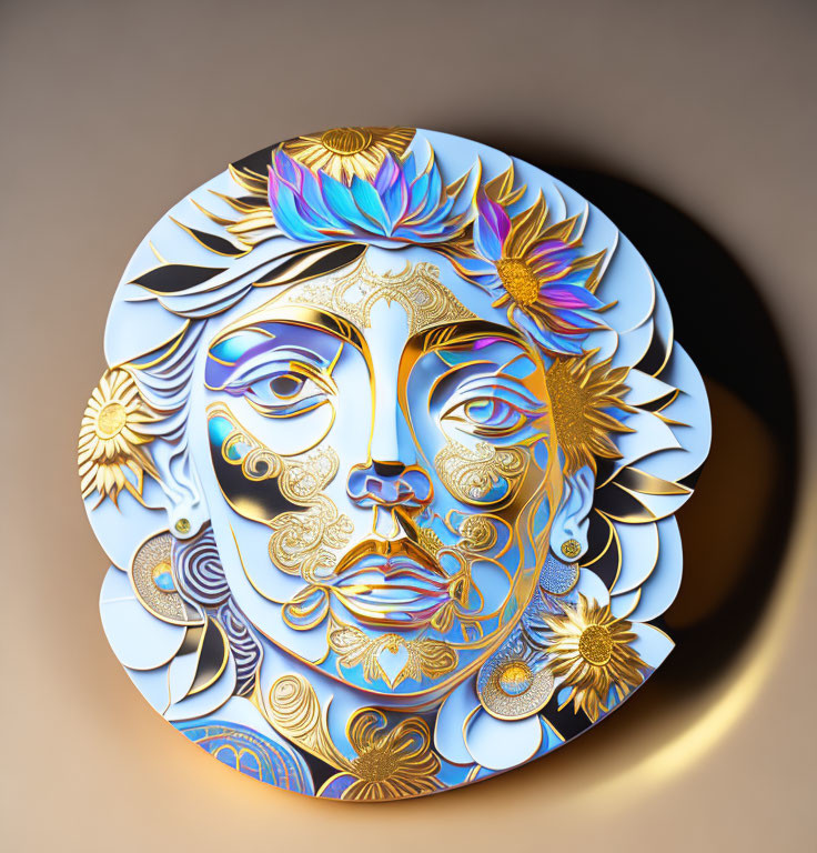 Circular metallic face artwork with floral and sun motifs in vibrant colors