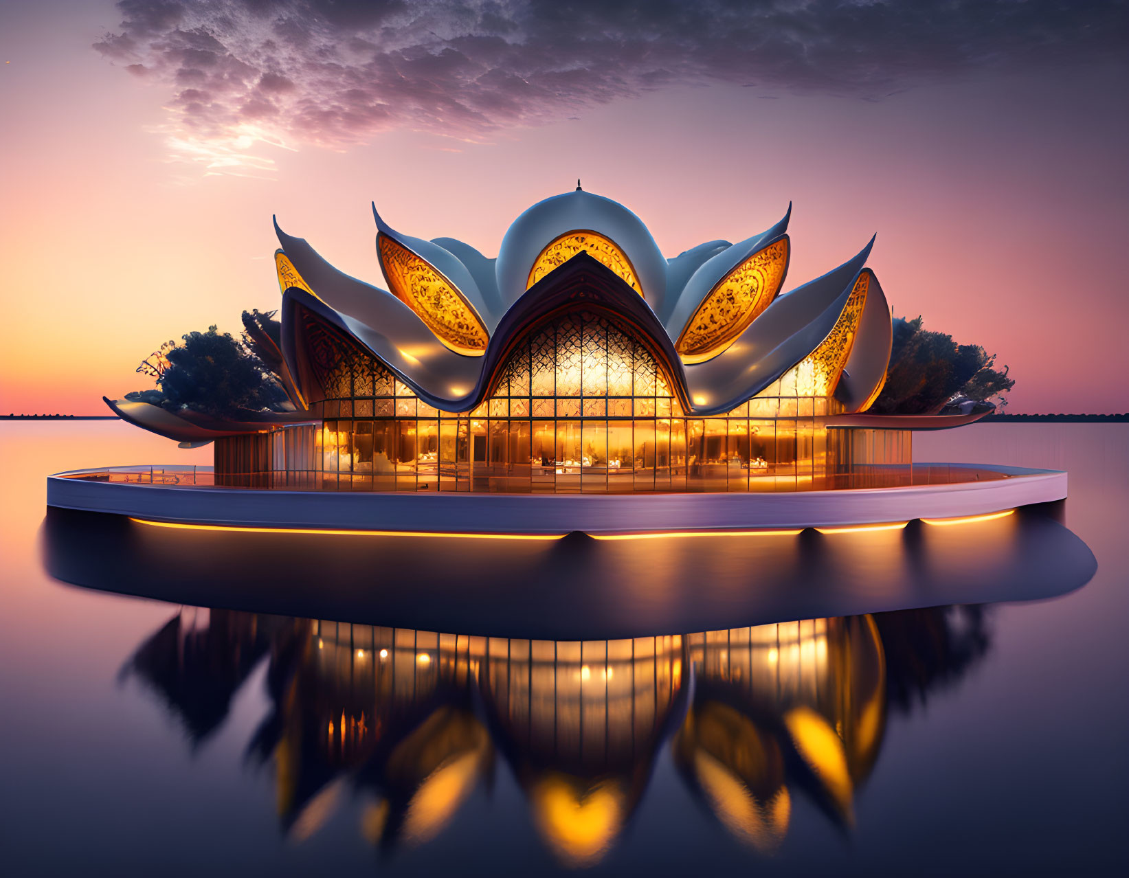 Lotus Flower-Shaped Architectural Structure Reflects in Water at Sunset