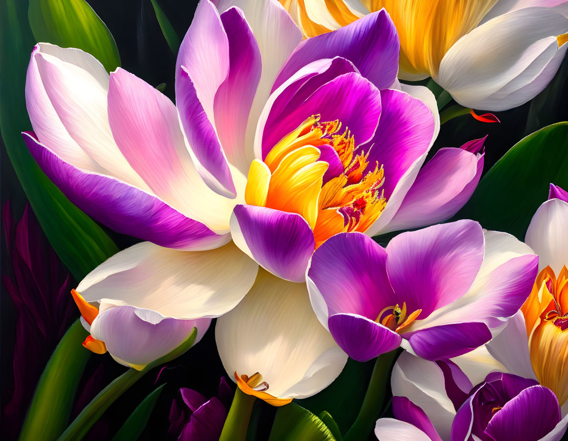 Colorful Close-Up of Blooming Tulips in Purple, Pink, and Yellow