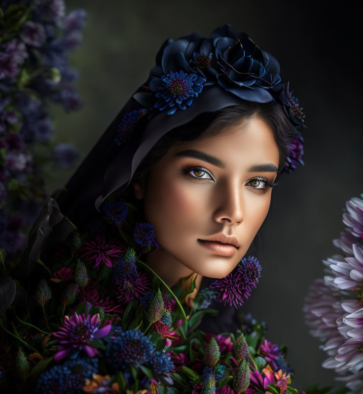 Woman Portrait with Floral Headdress and Scarf Among Vibrant Flowers