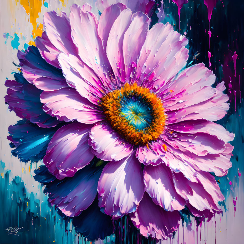 Colorful close-up painting of a large pink daisy with blue and yellow center