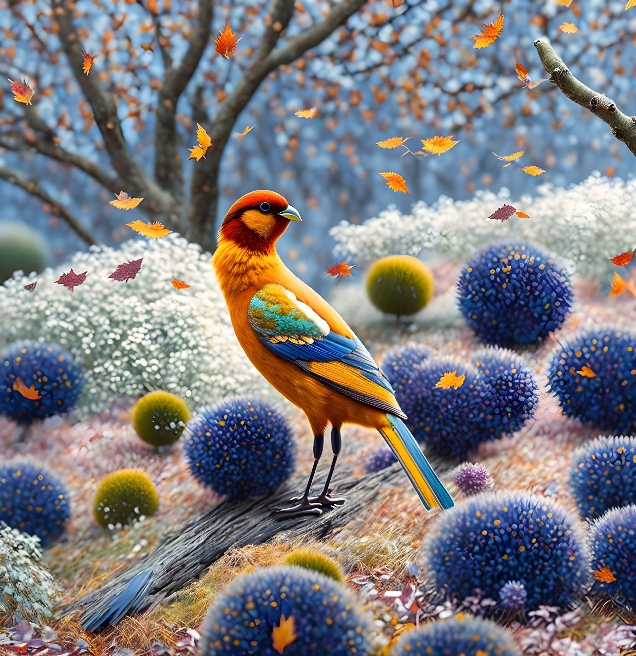 Colorful Bird in Fantasy Garden with Unique Plants and Leaves