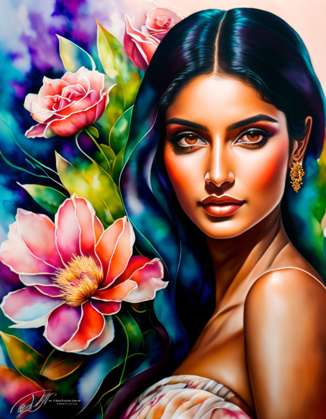 Colorful painting of a woman with striking features and vibrant flowers