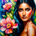 Colorful painting of a woman with striking features and vibrant flowers