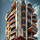 Organic wavy design on modern building facade with gold and white colors, greenery-filled balconies