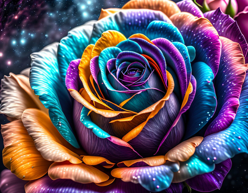 Colorful digital artwork: Neon-hued rose on starry backdrop