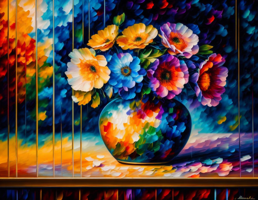 Colorful Flower Bouquet Painting in Mosaic Vase on Colorful Background