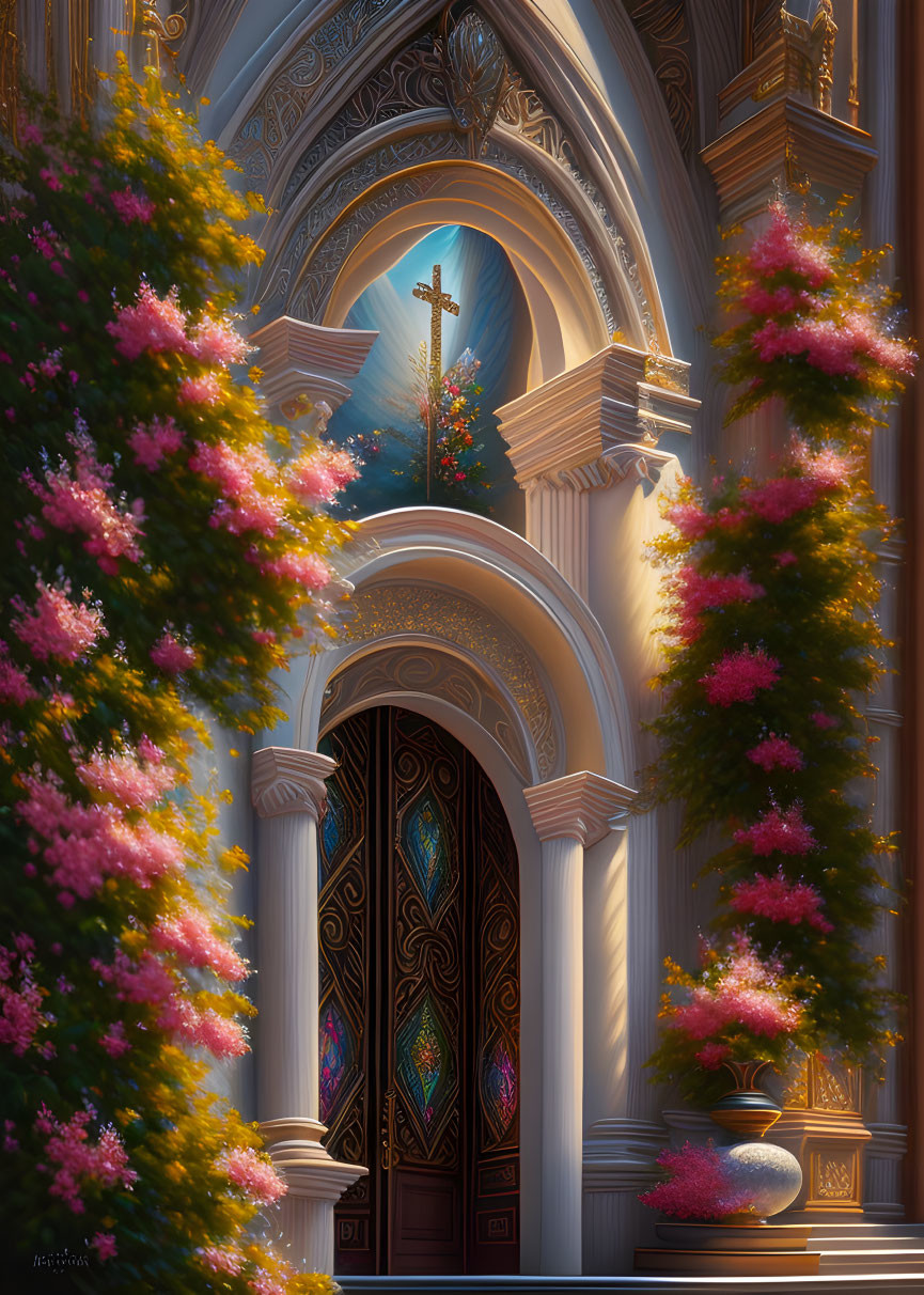 Colorful sunlit church interior with stained glass doors and blossoming trees