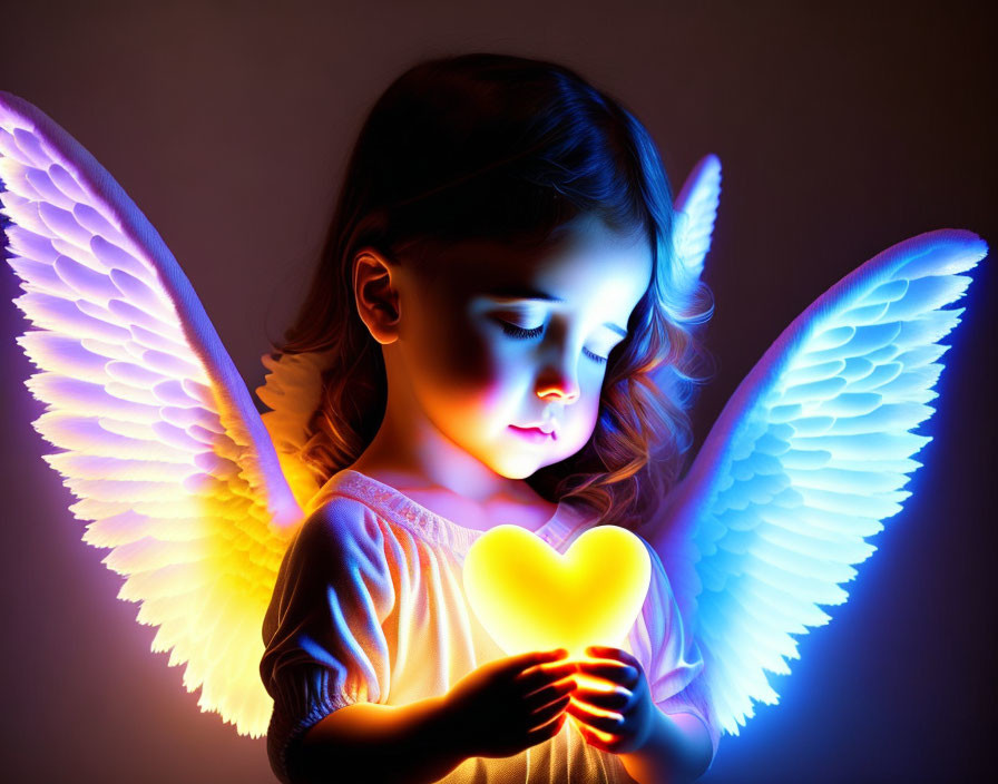 Child with illuminated angel wings holding glowing heart in magical scene