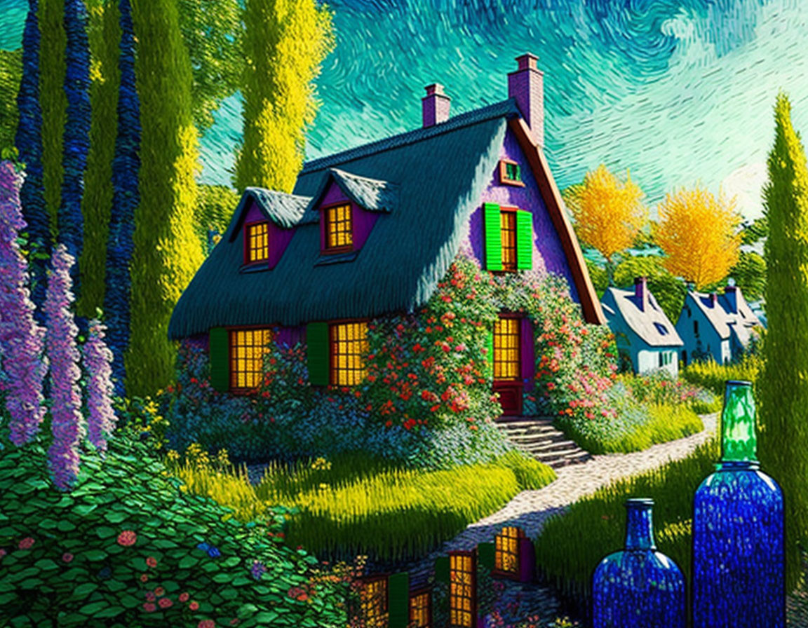 Colorful Van Gogh-style painting of ivy-covered cottage in lush garden