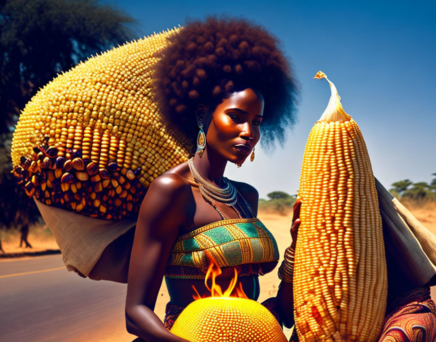 Woman with afro and corn cobs in African attire by giant corn under blue sky