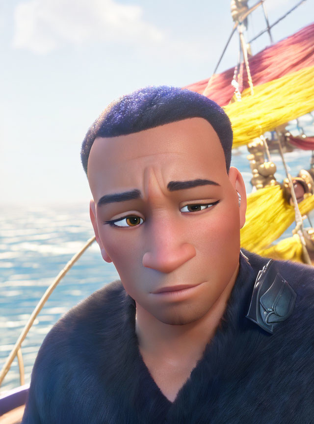 Animated character on ship with worried expression at sea.