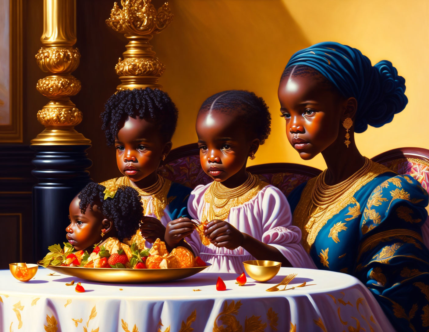 Three girls in elegant blue attire with intricate hairstyles sitting at a table with strawberries and golden decor.