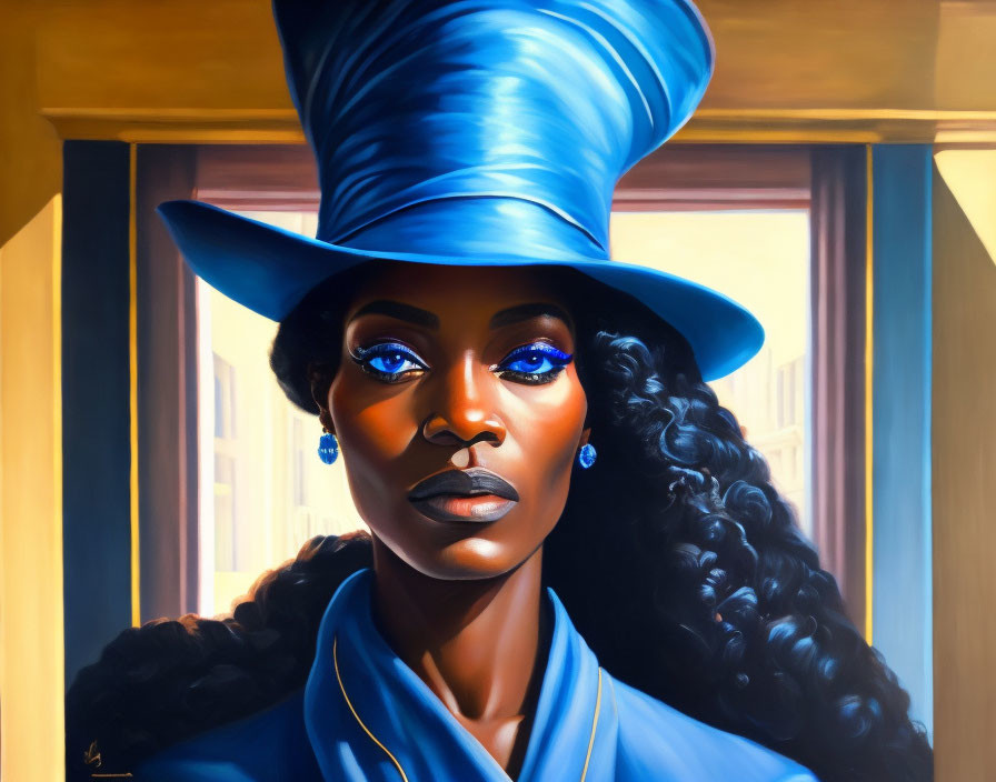 Portrait of woman with dark skin in blue attire and hat, with matching accessories