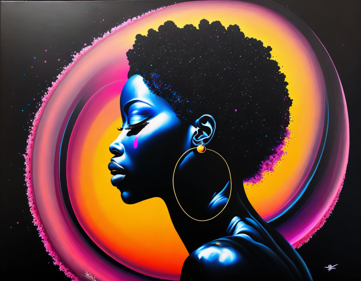 Colorful portrait of woman with afro hair & neon glows on dark background