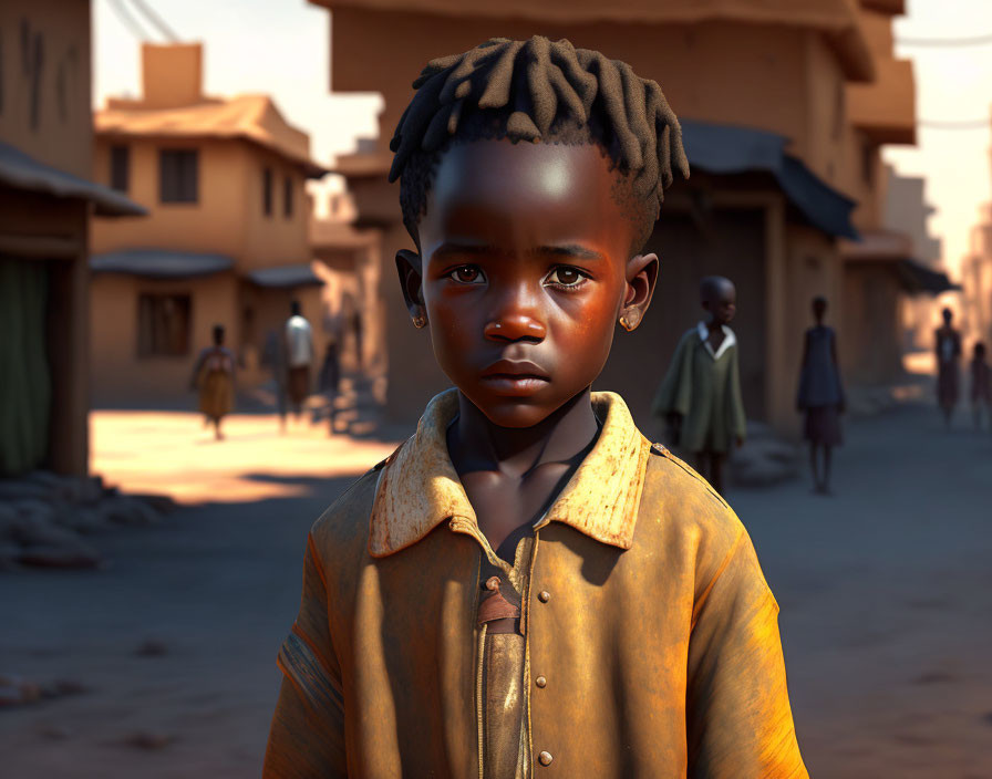 Young child with braided hair in village street scene.