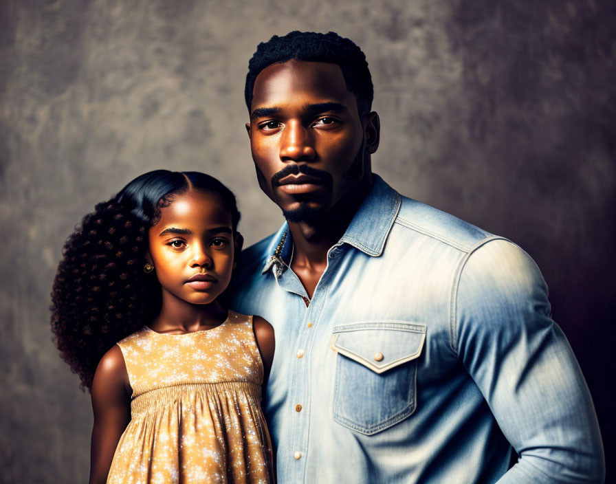 Man in denim shirt with serious girl in yellow dress.