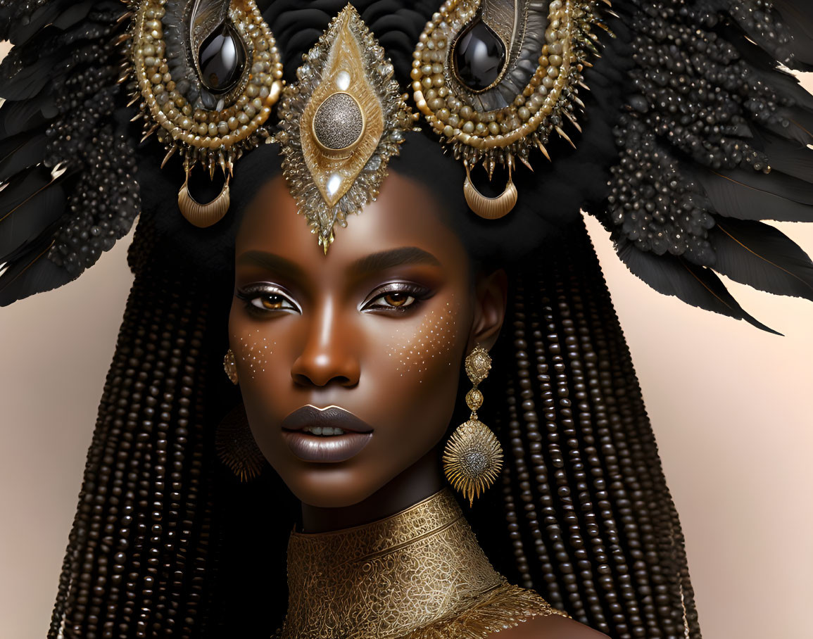 Detailed digital artwork of woman in ornate golden jewelry and feathered headdress